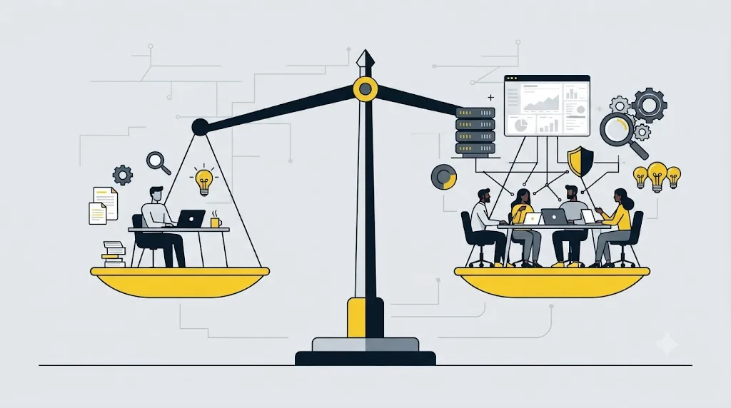 Illustratie van een weegschaal die freelancer en bureauteam met elkaar vergelijkt