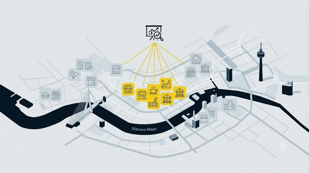 Illustratie van een kaart van Rotterdam met pictogrammen van verschillende typen bedrijven