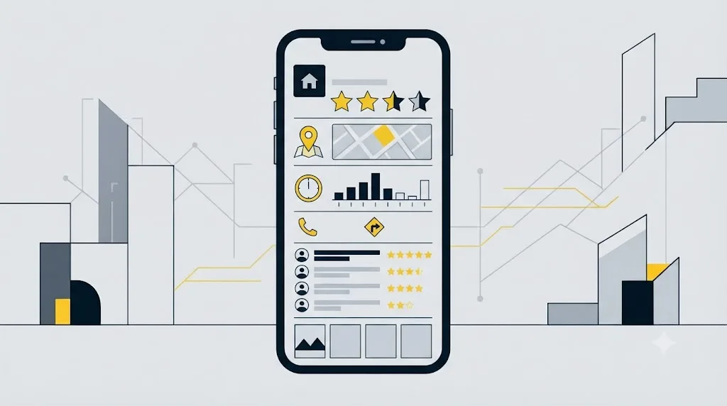 Illustratie van een compleet Google-bedrijfsprofiel op een telefoonscherm
