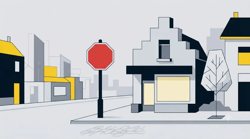 Illustratie van een stopbord naast een kleine winkel in een Utrechtse wijk