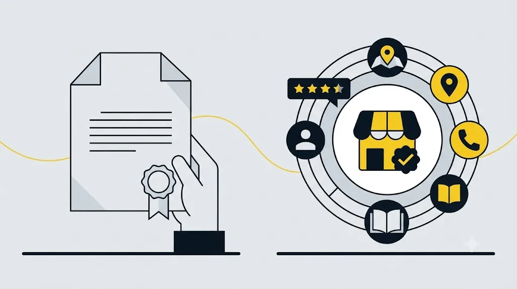 Ilustrație cu un document legal alături de un profil Google Business Profile marcat ca fiind activ