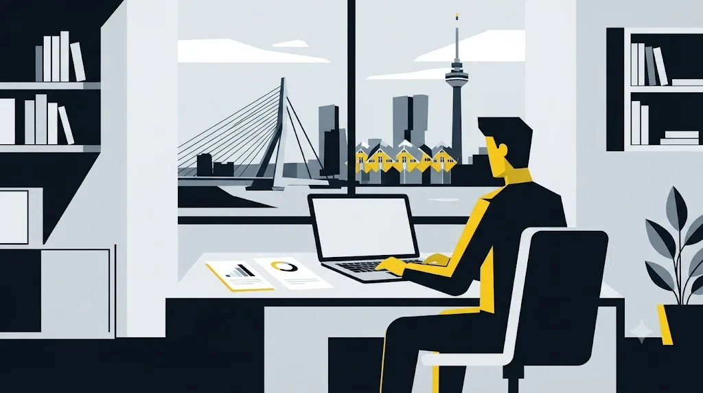 Illustratie van een zelfstandige SEO specialist die op afstand werkt voor een bedrijf in Rotterdam