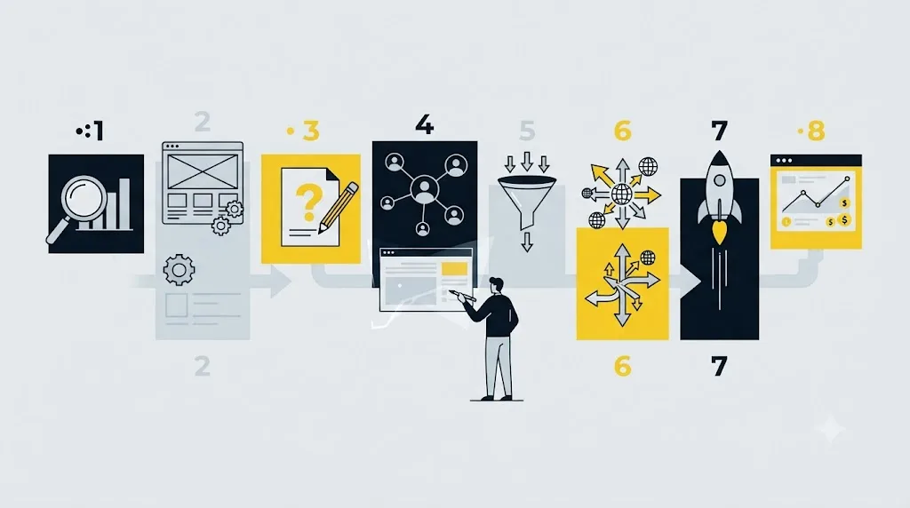 Illustratie van een stroomschema met de werkstappen van een SEO specialist
