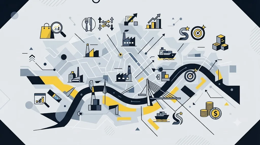 Illustratie van een kaart van Rotterdam met pictogrammen van verschillende typen bedrijven