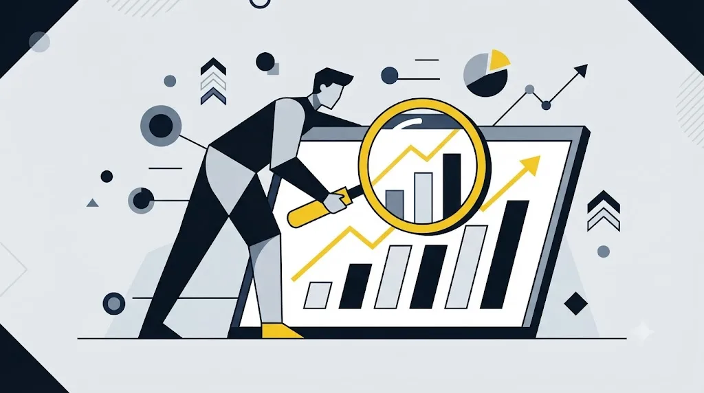 Illustratie van een grafiek met resultaten van een SEO specialist die met een vergrootglas wordt bekeken