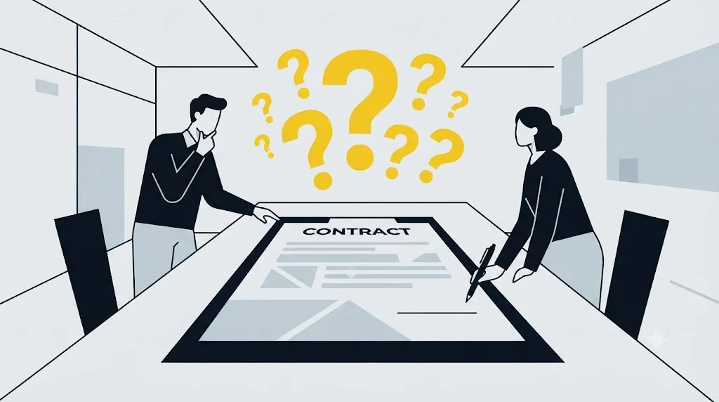 Illustratie van een contract met vraagtekens voor het inhuren van een SEO specialist