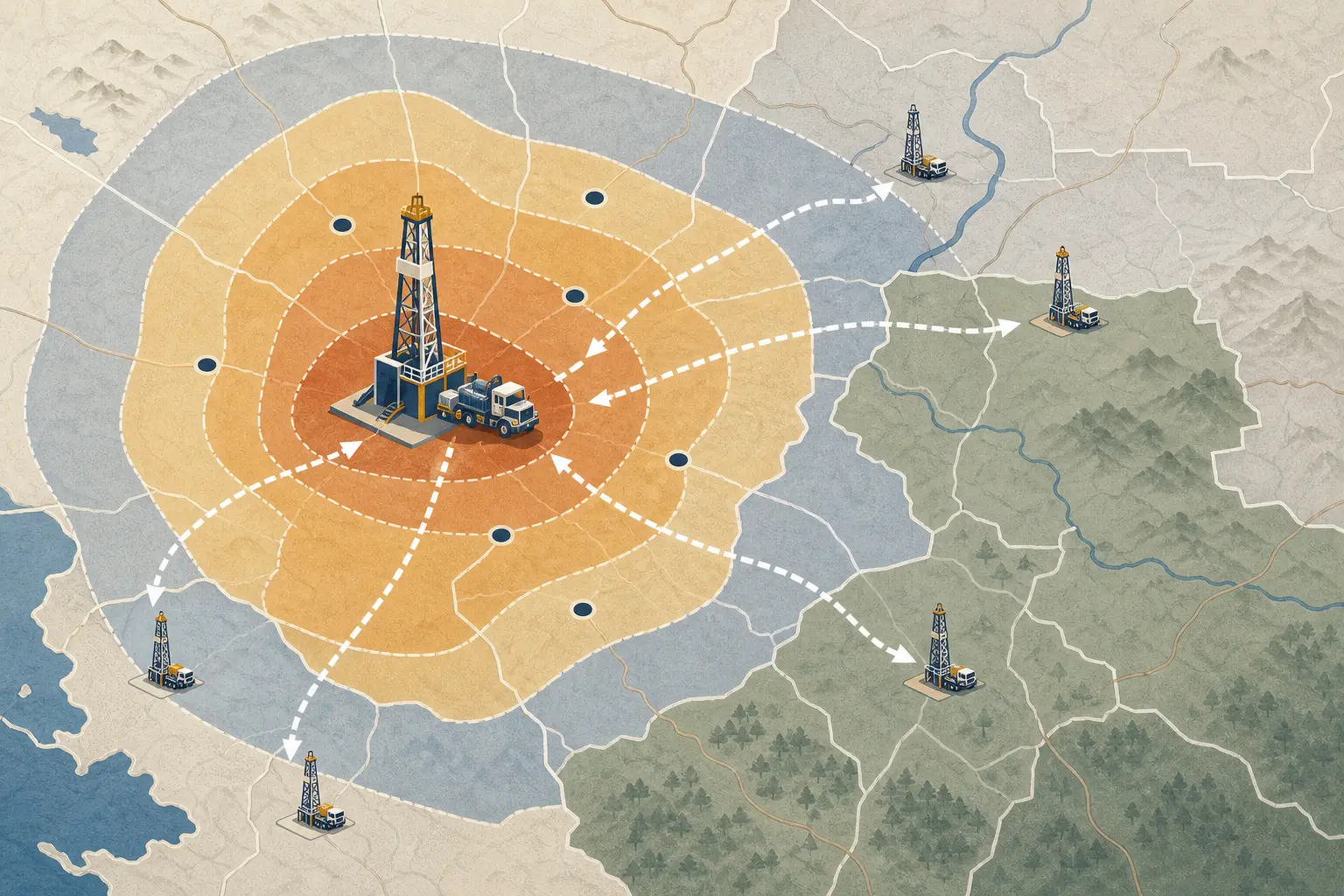 Illustration of a regional well contractor prequalification map showing territory and capacity boundaries