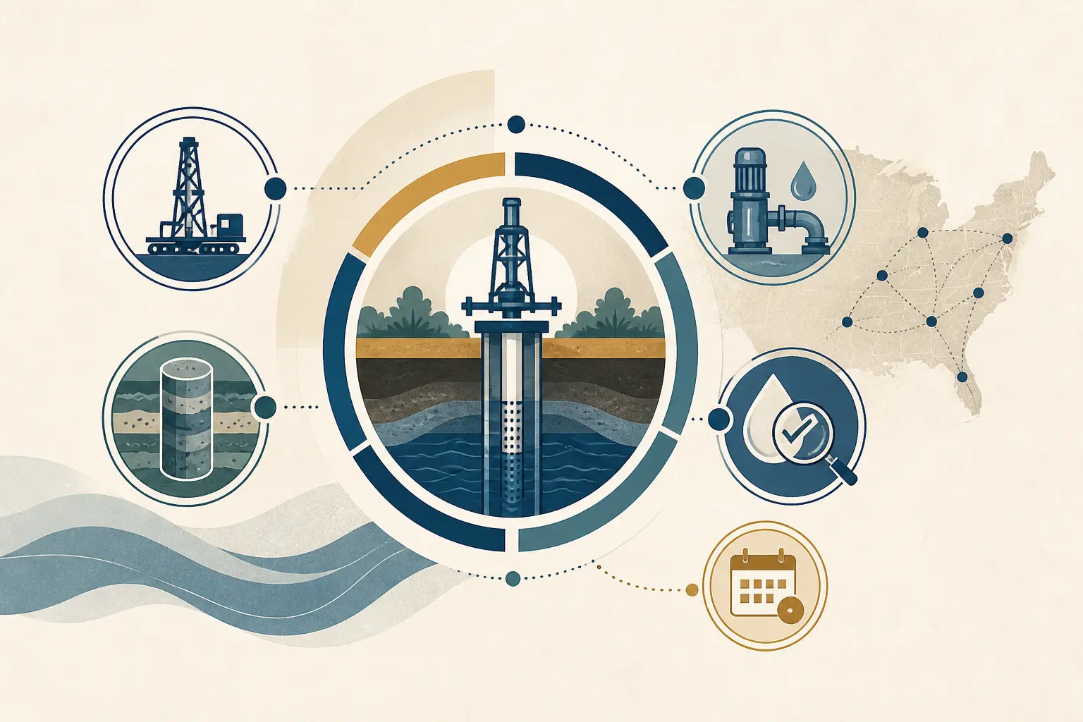 Illustration of a one-page water well drilling capability statement wireframe