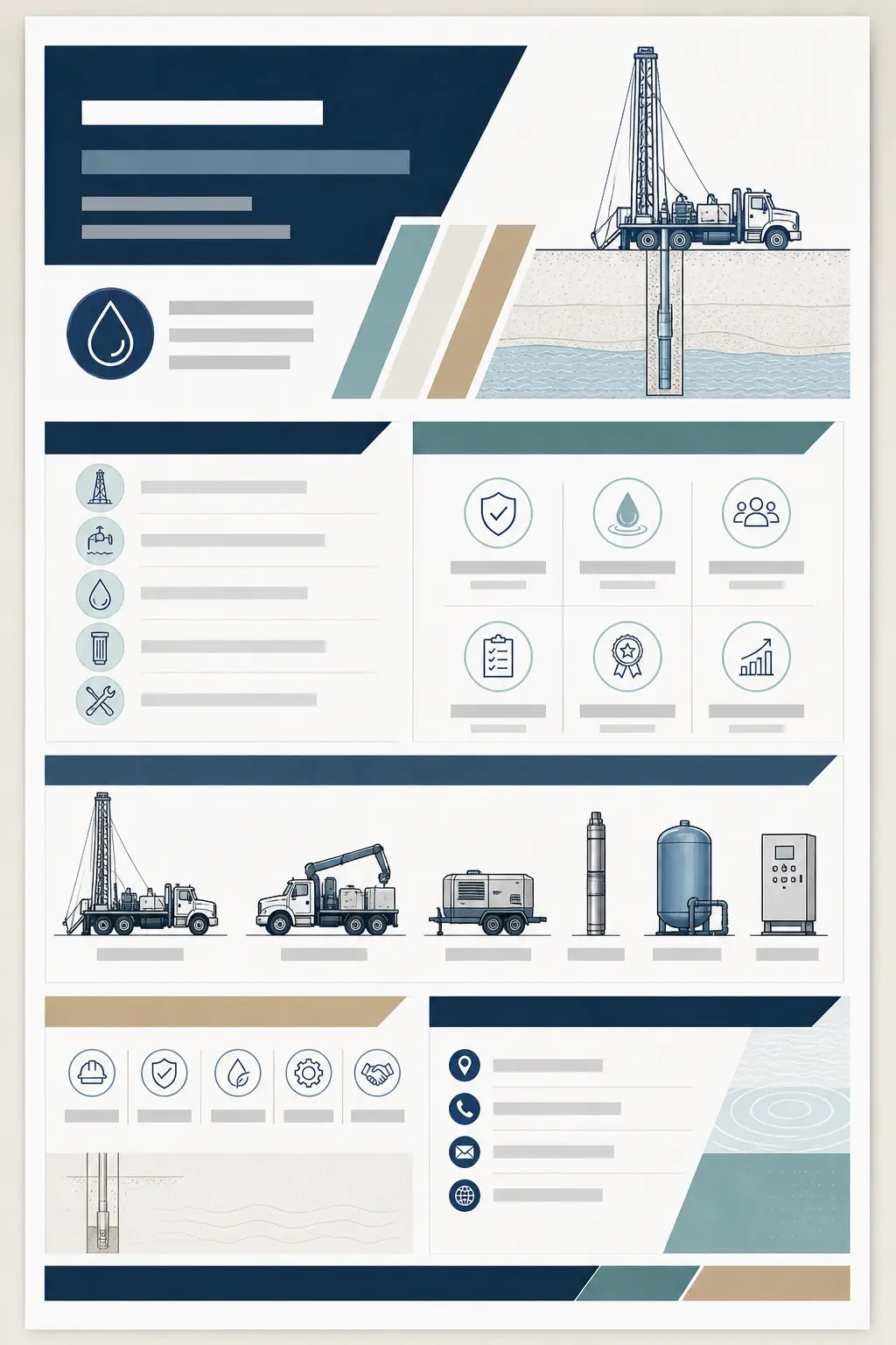 Illustration of a one-page water well drilling capability statement wireframe