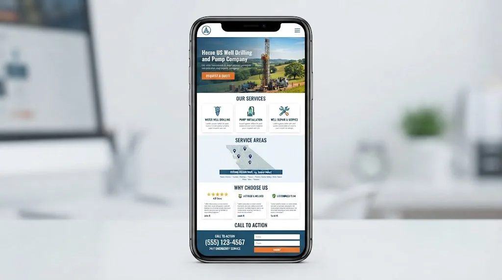 Illustration of a mobile-first well drilling company homepage with service, territory, proof, and call actions