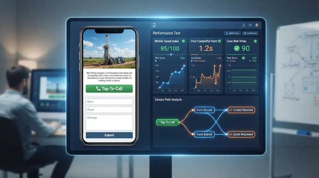 Illustration of a mobile performance and contact-path test for a well drilling website