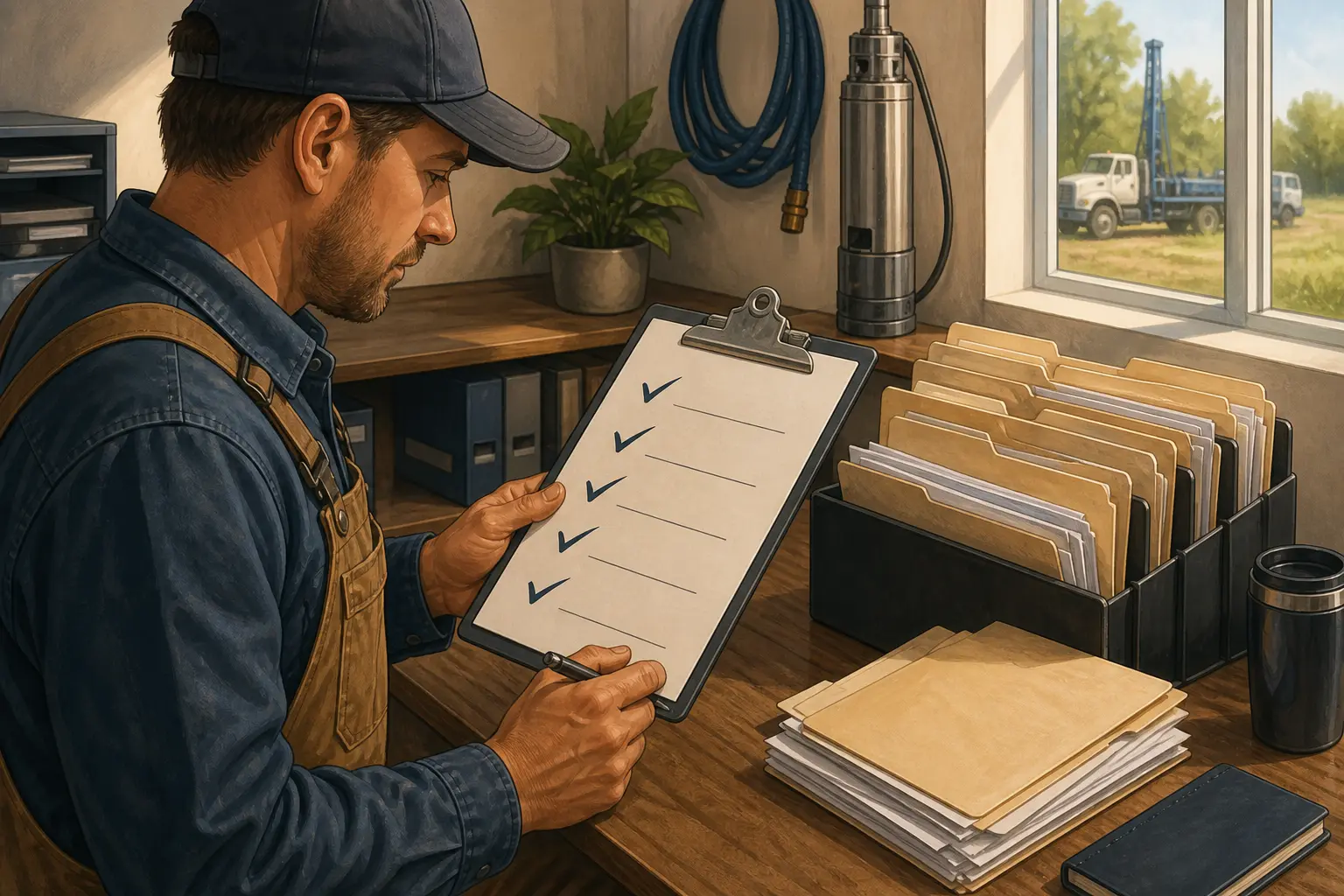 Illustration of a well contractor reviewing the five customer reactivation gates