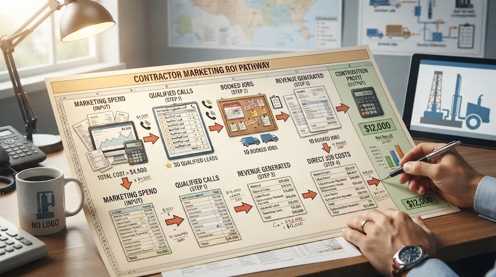 Illustration of a well contractor reviewing booked-job marketing ROI