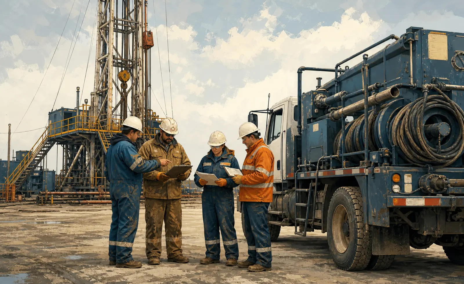 Illustration of a well contractor checking crew and equipment capacity before scaling marketing