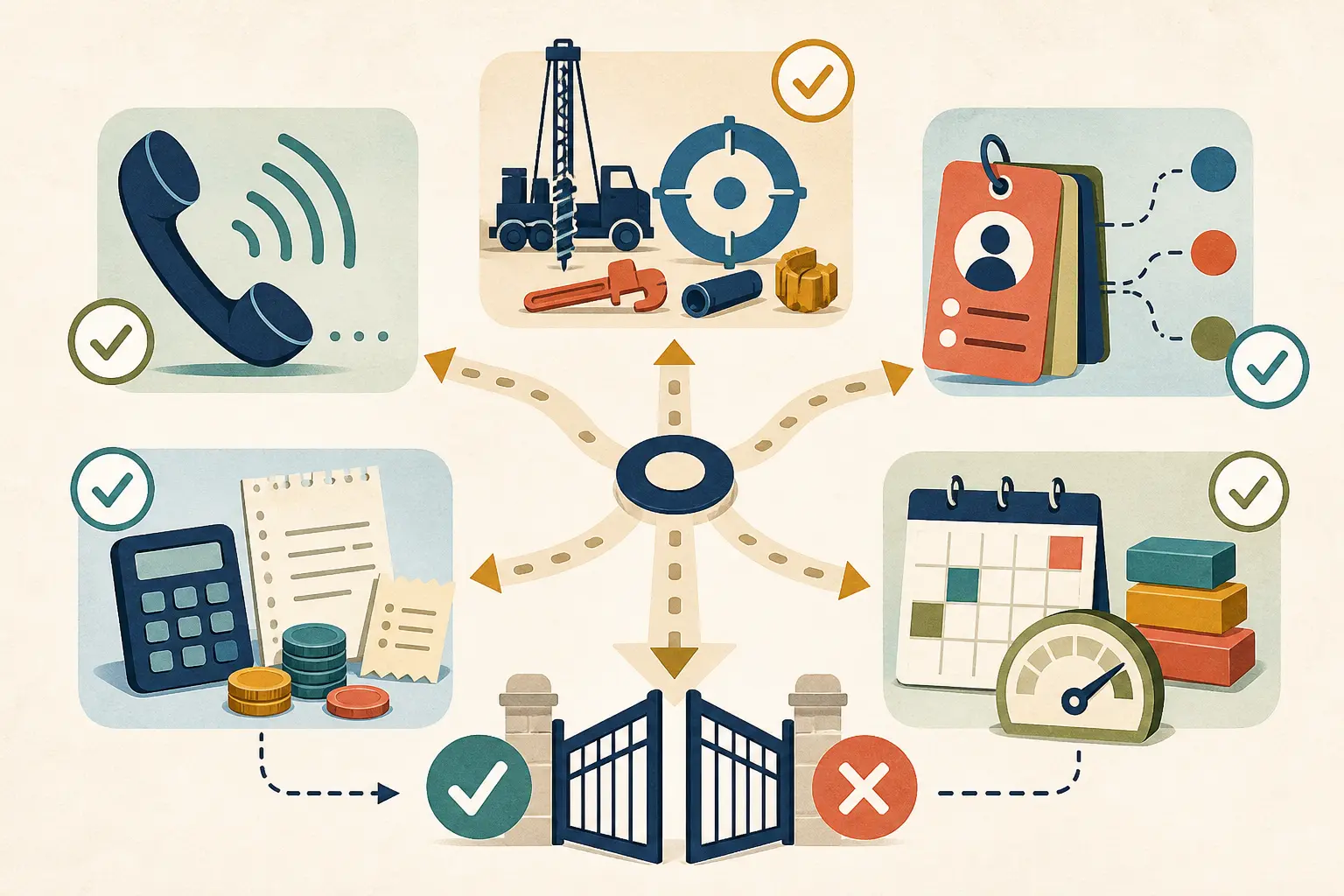 Illustration of a decision table with scale, repair, hold, narrow, and stop paths for a well contractor marketing program
