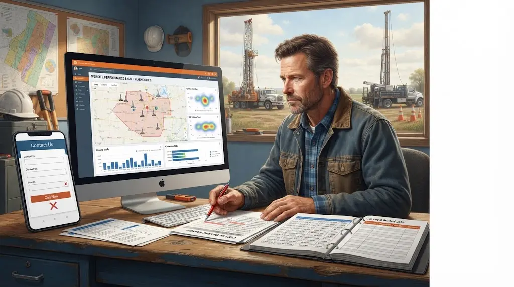 Illustration of a US well drilling company diagnosing a website-to-phone call gap