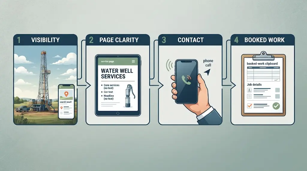Illustration of the four connected surfaces of demand, proof, discovery, and revenue for a well drilling company