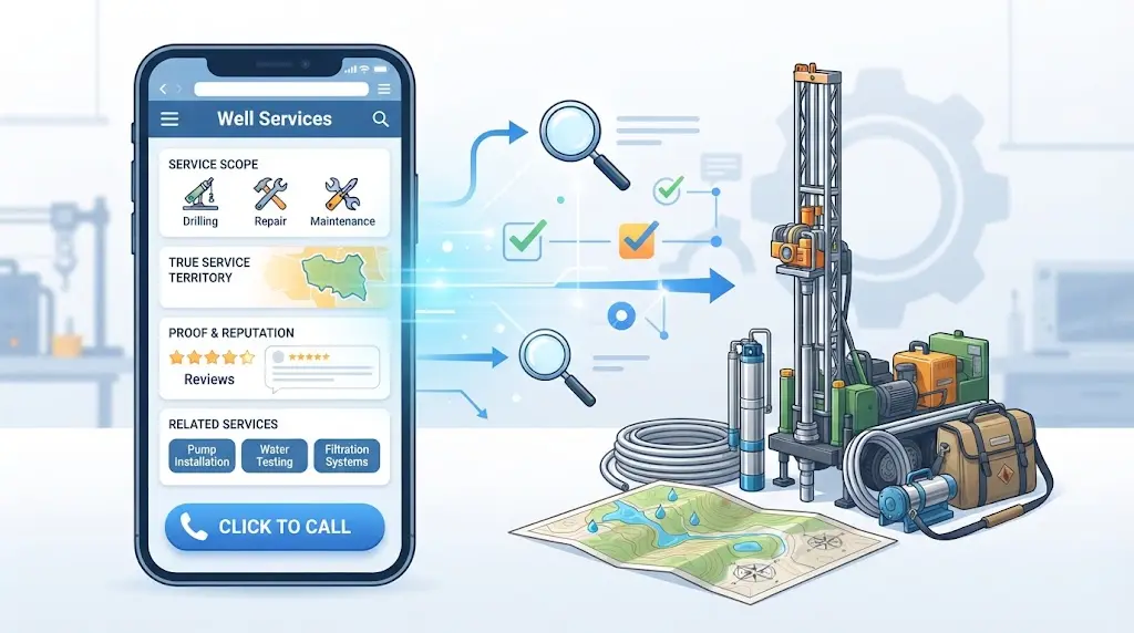 Illustration of a well drilling service page showing scope, territory, proof, related services, and a clear phone contact route