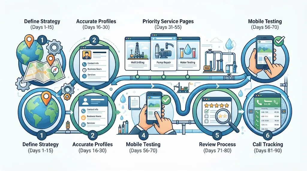 Illustration of a 90-day well drilling website call-repair plan moving from territory decisions to profile accuracy, priority pages, mobile testing, and call tracking