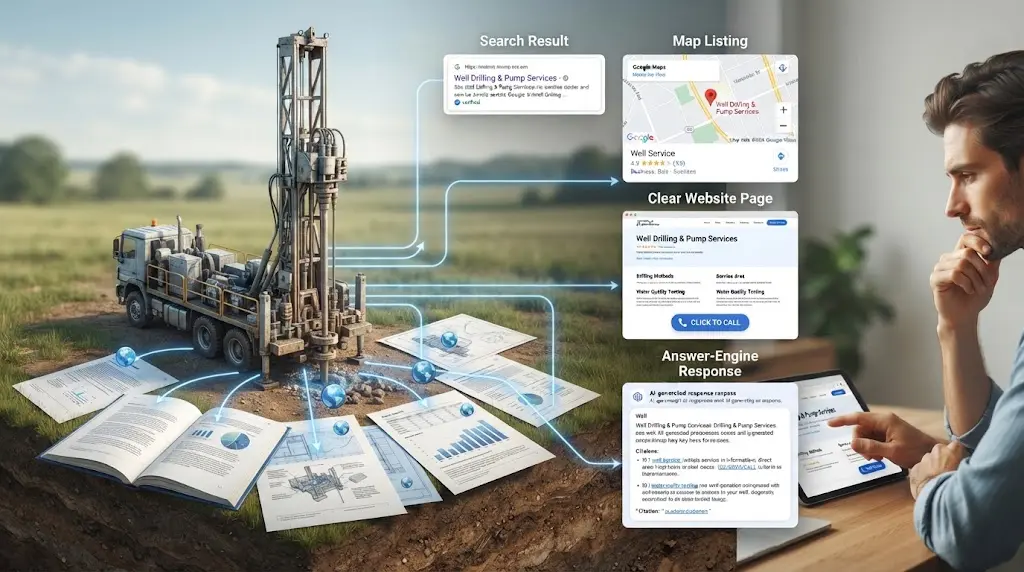 Illustration of a well drilling company publishing cited service information for Google Search, Maps, and answer engines