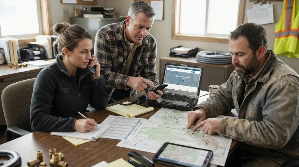 Illustration of a well company owner, dispatcher, and field manager reviewing a map, calls, and priority service pages on Monday morning