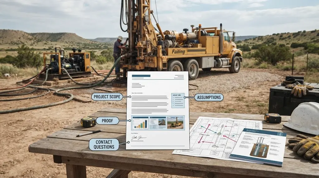 Illustration of a well contractor proposal cover letter organized around buyer questions