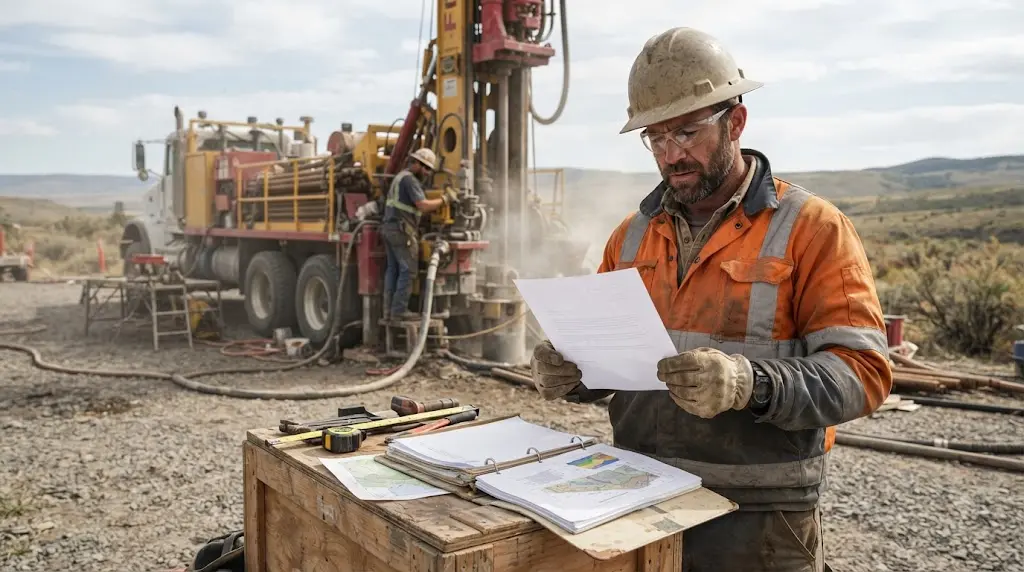 Illustration of a well contractor reviewing a proposal cover letter beside a drill rig