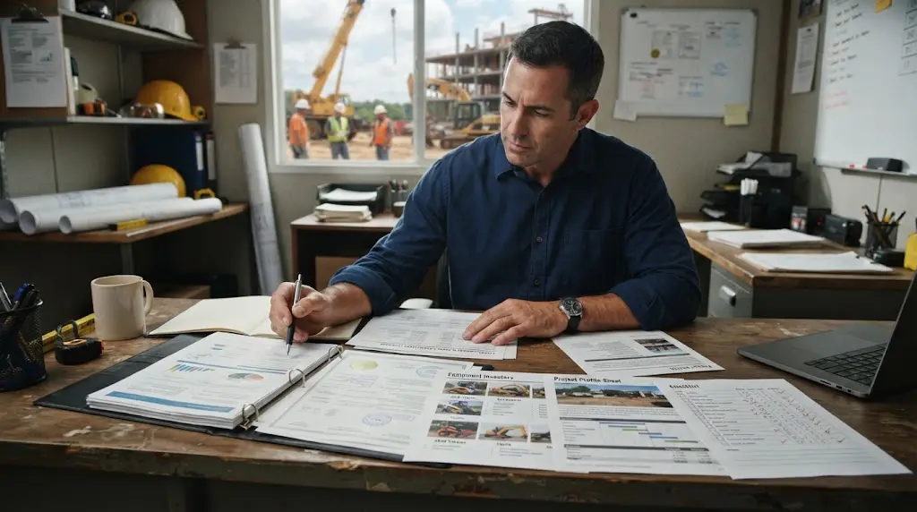 Illustration of a contractor checking a proposal before sending it