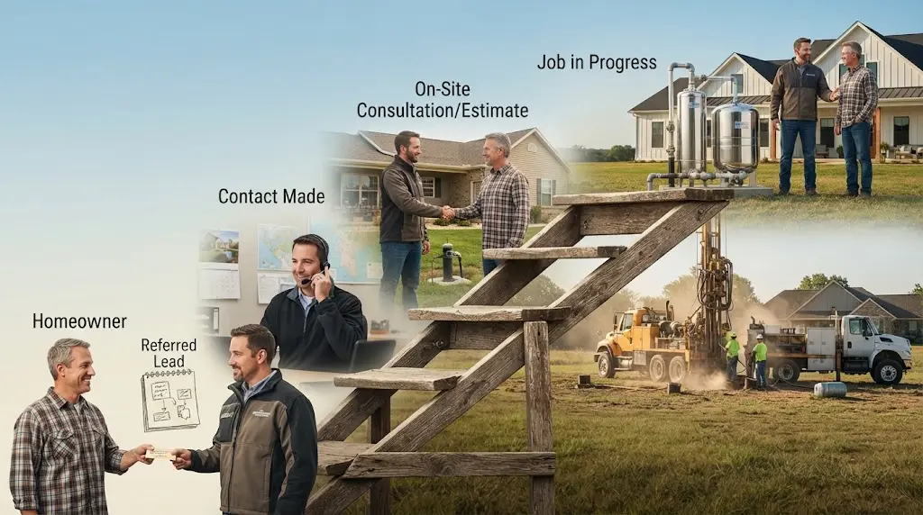 Illustration of a well contractor referral pipeline from partner handoff to booked job