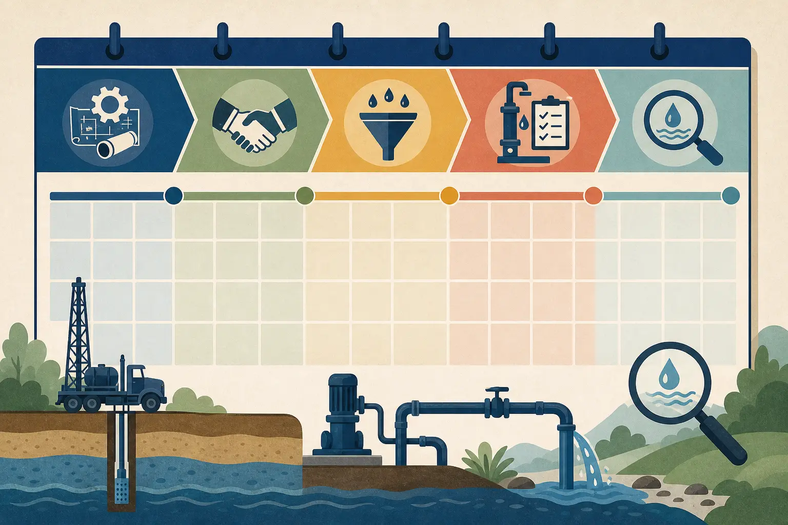 Illustration of a 30-day well contractor referral program launch calendar