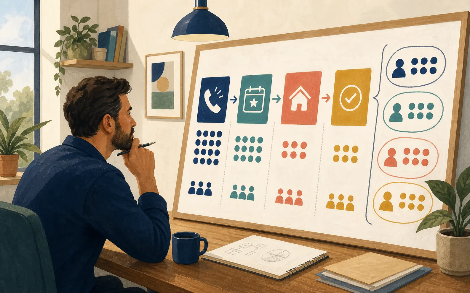 Illustration of a well contractor reviewing referral program performance by partner and booked job