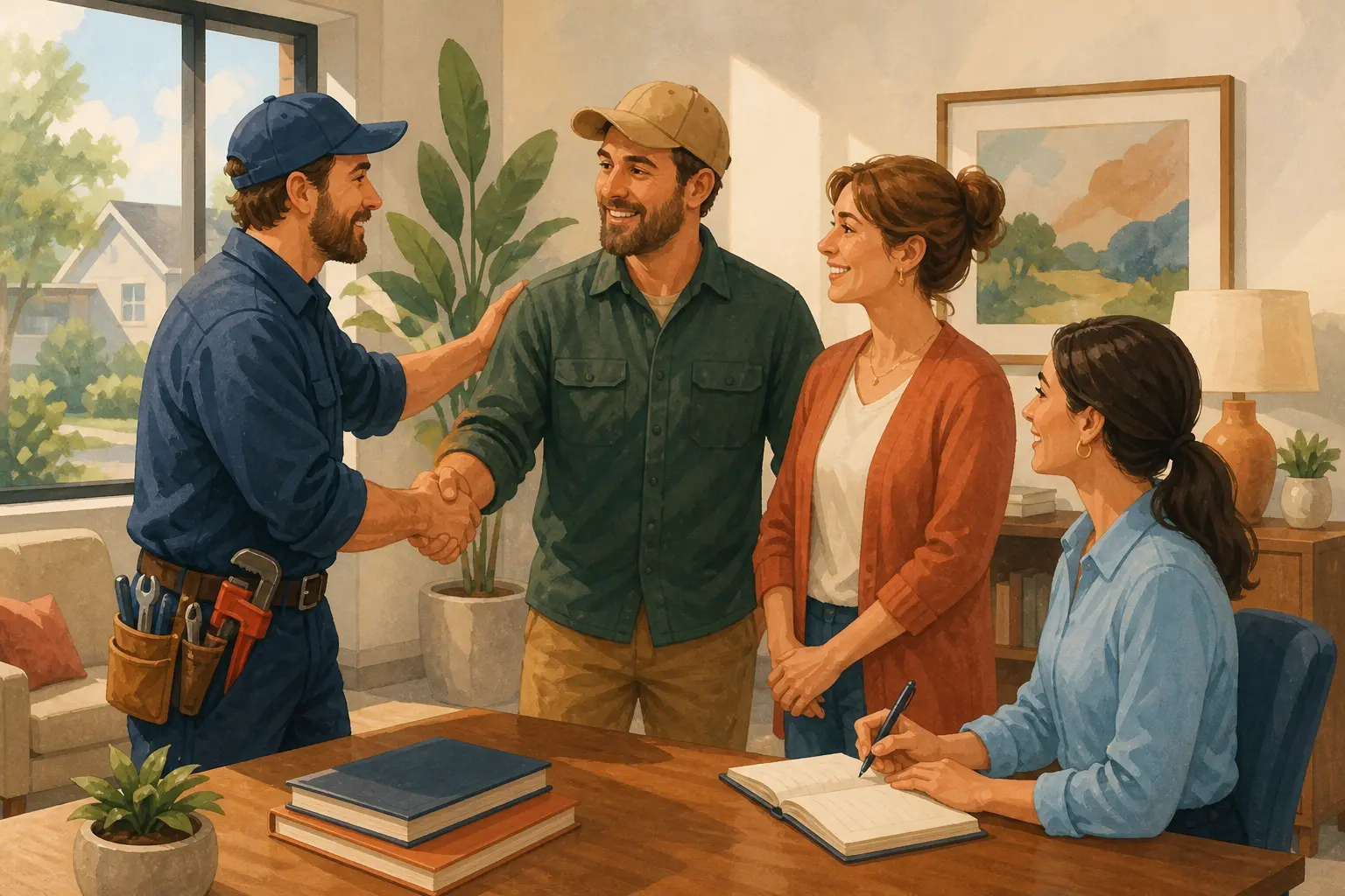 Illustration of a warm referral handoff between a partner, customer, and well contractor