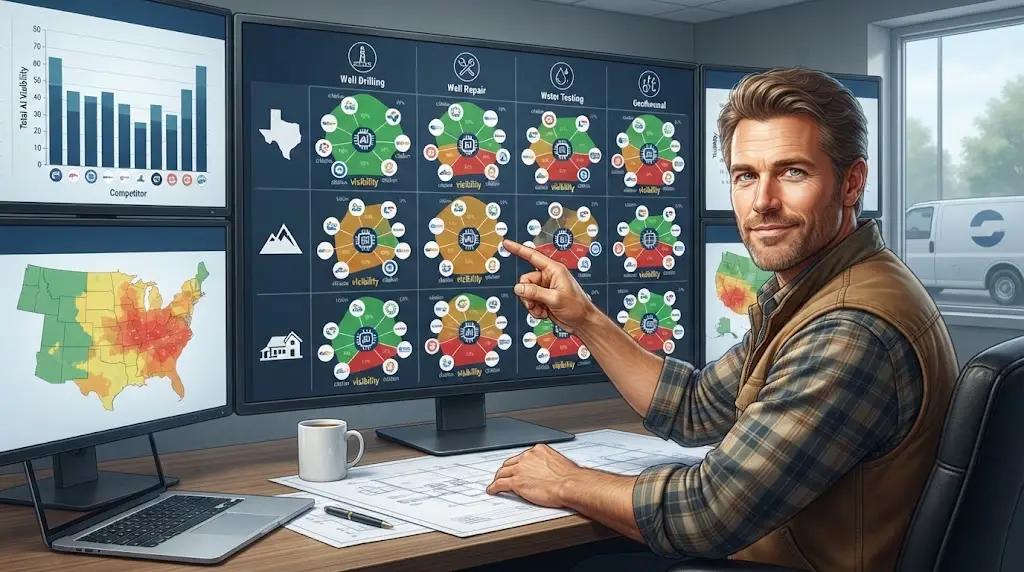 Illustration of a well contractor owner reviewing AI answer visibility results by service and territory