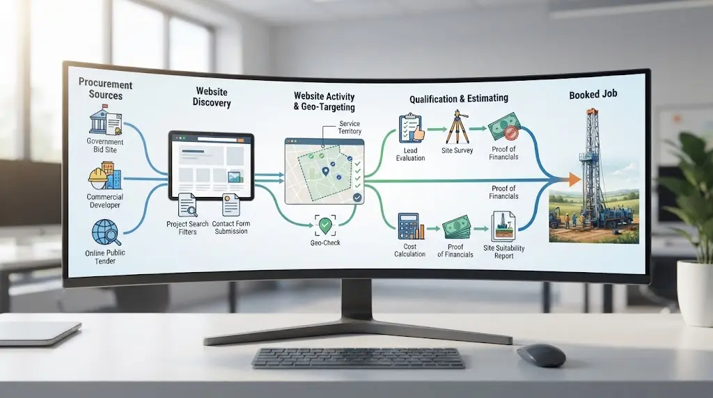 Illustration of a well contractor aligning bid sources, website proof, phone calls, and booked jobs