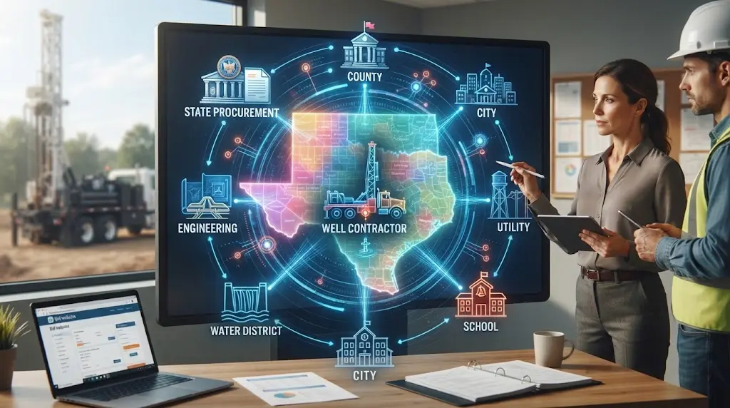 Illustration of a US service territory with state, county, city, utility, and water district bid sources