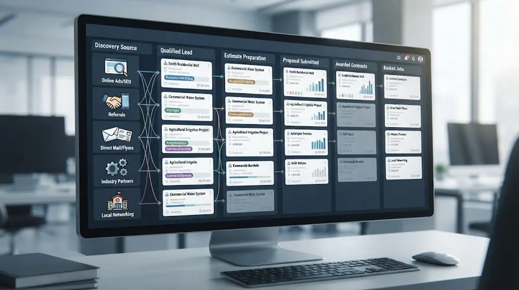 Illustration of a source-to-booked-job tracking board for well drilling opportunities