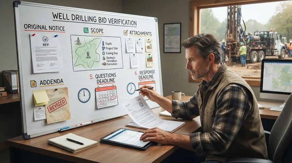 Illustration of a contractor verifying a bid notice, attachments, addenda, and closing time