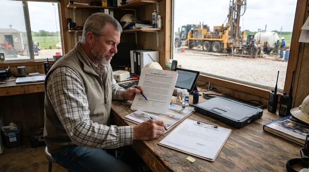 Illustration of a contractor recording a well or pump test result