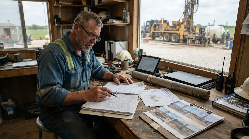 Illustration of a well contractor reviewing field records for a case study