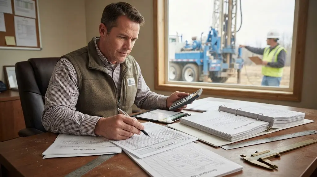 Illustration of a well contractor pricing a change order with unit rates and credits