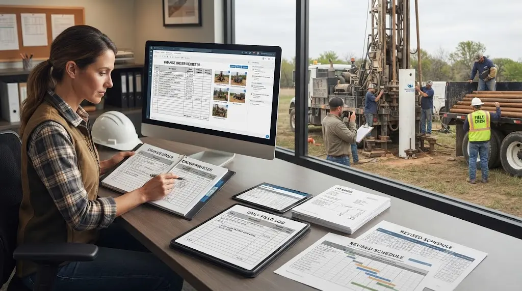 Illustration of a well contractor pricing a change order with unit rates and credits