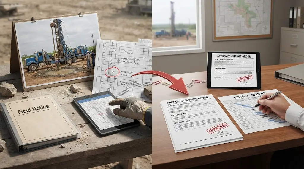 Illustration of a well drilling change order moving from field notice to office approval