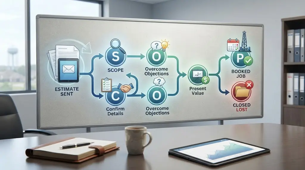 Illustration of a well drilling owner reviewing an estimate follow-up board with job status cards