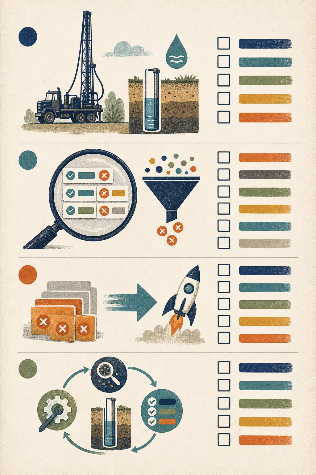Illustration of a search terms review worksheet for a well drilling Google Ads campaign