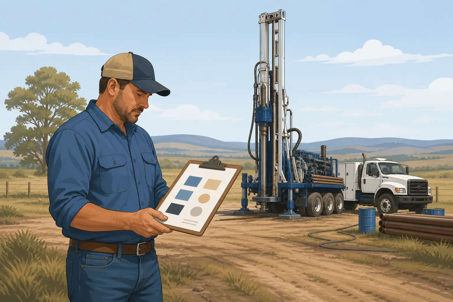 Illustration of a water well contractor reviewing a marketing agency scorecard beside a drilling rig
