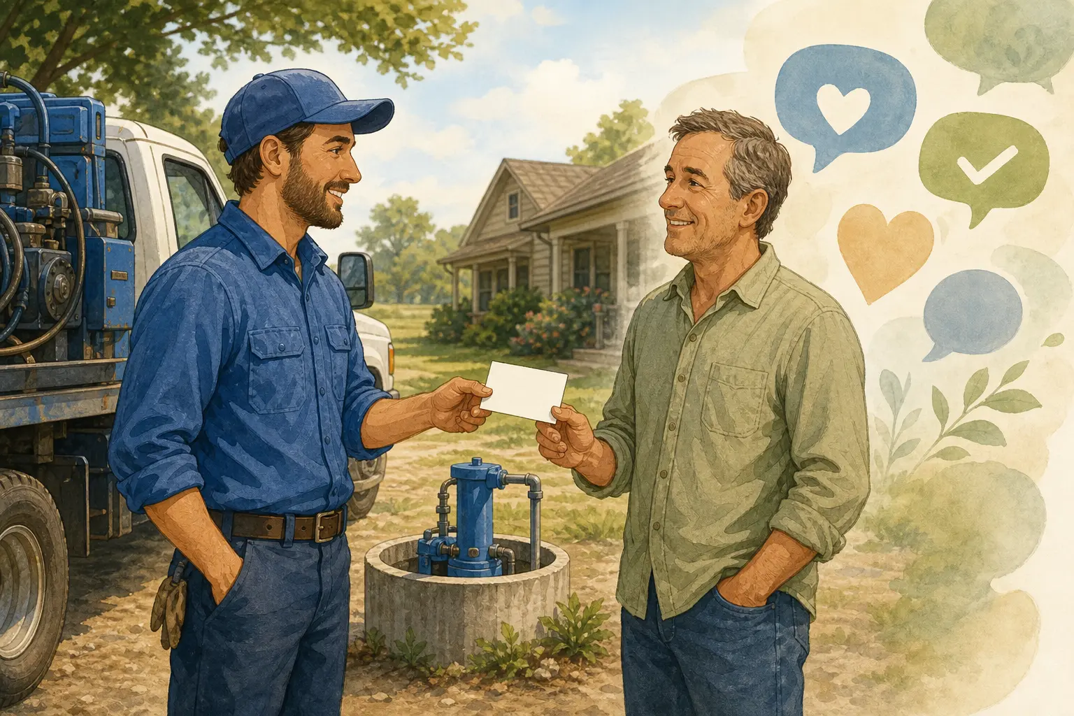 Illustration of an honest review request process for a water well and pump contractor