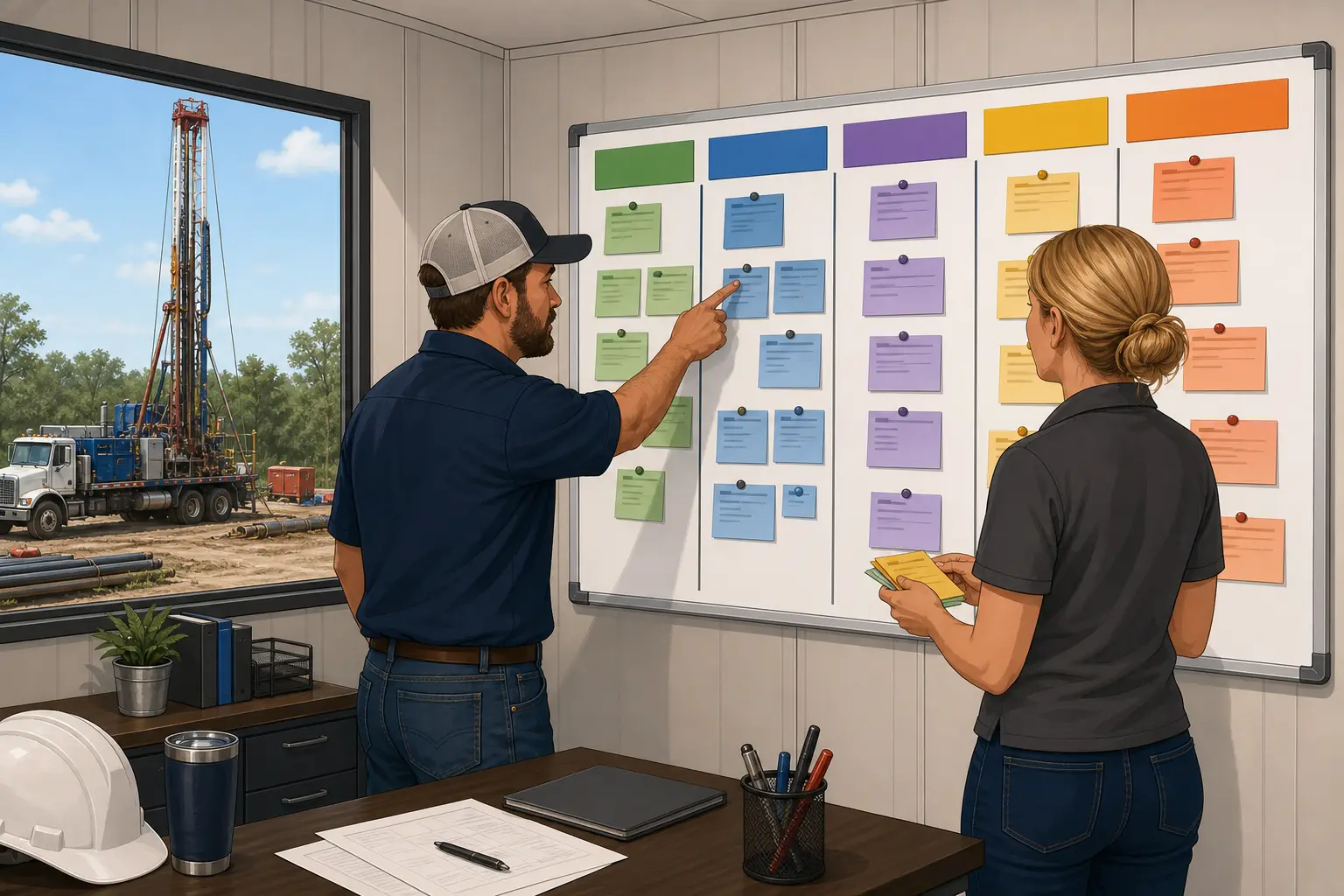Illustration of a 30-day marketing agency kickoff board for a well and pump company