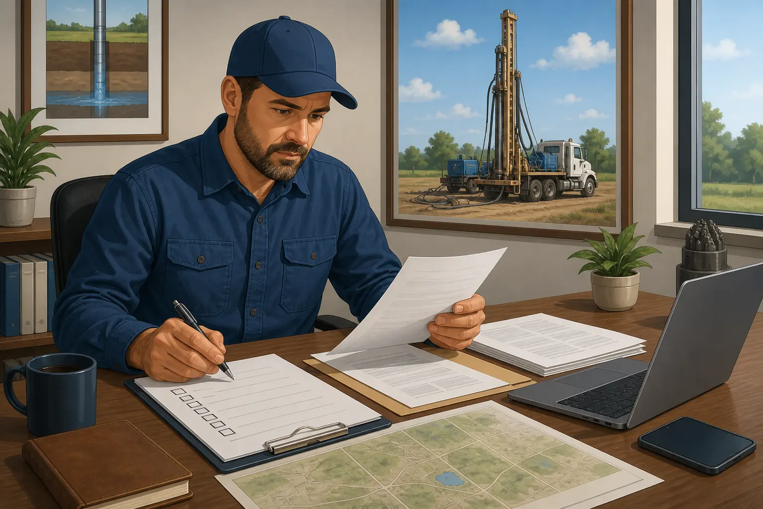 Illustration of a well company owner using a pre-signing marketing agency checklist