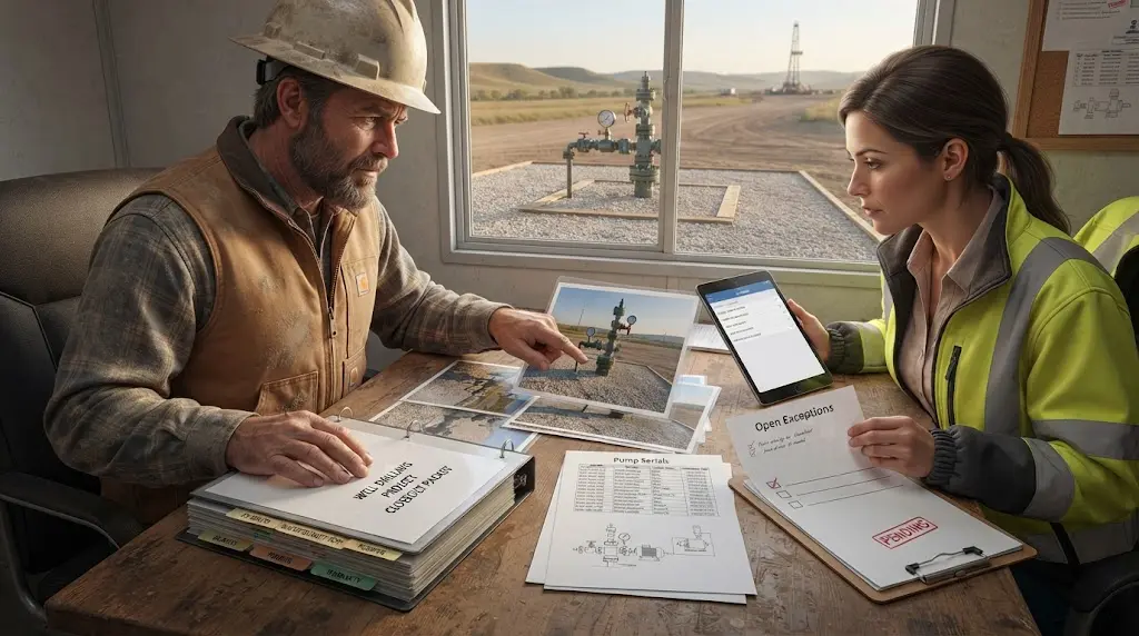 Illustration of a well contractor completing an owner handoff after project closeout