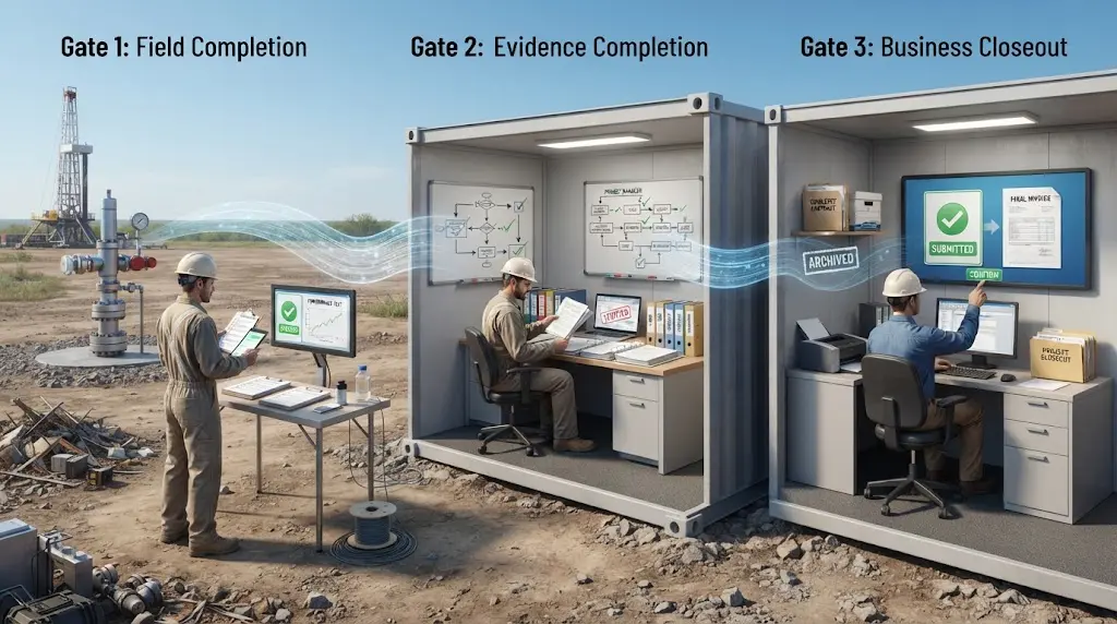 Illustration of the three gates in a well drilling project closeout workflow